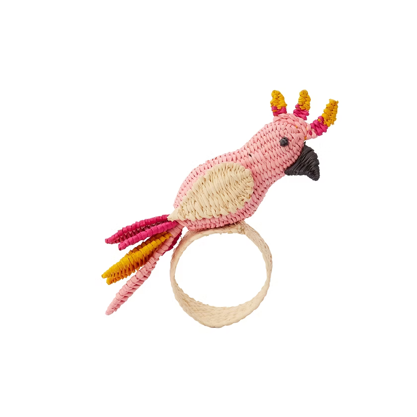 Pink and yellow hand woven cockatoo napkin ring.