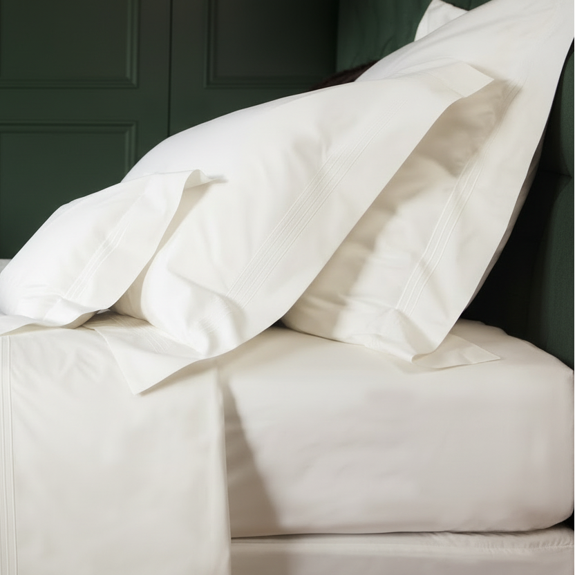 Palazzo vanilla bedding range displayed on a bed.