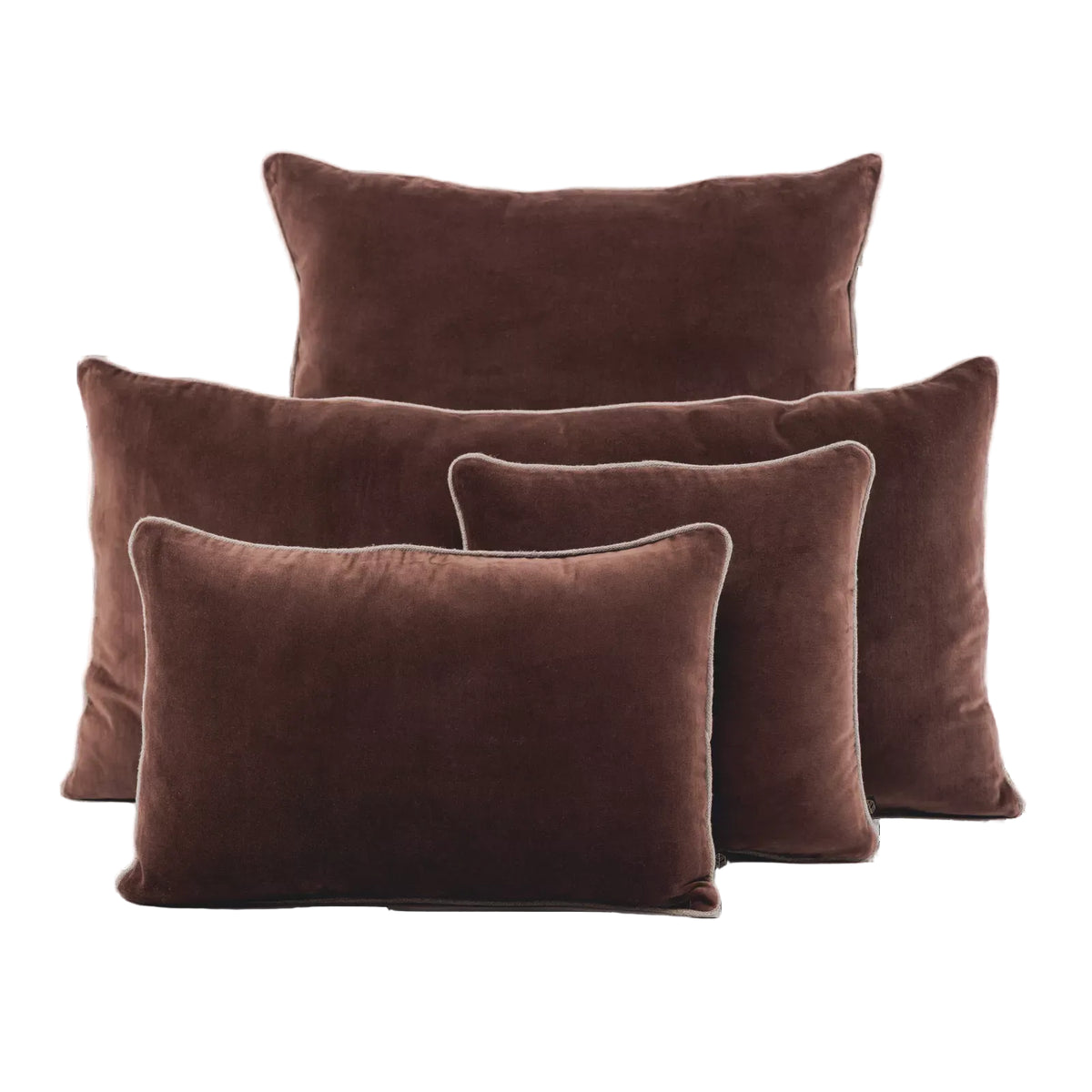 ganache chocolate velvet cushion with linen piping