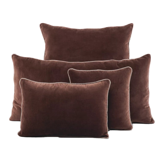 ganache chocolate velvet cushion with linen piping