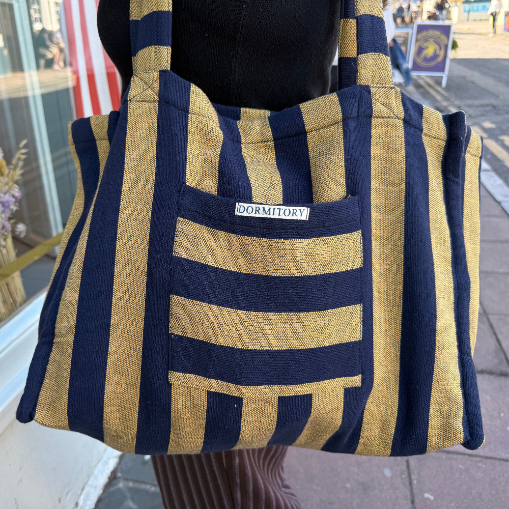 navy and yellow striped beach tote
