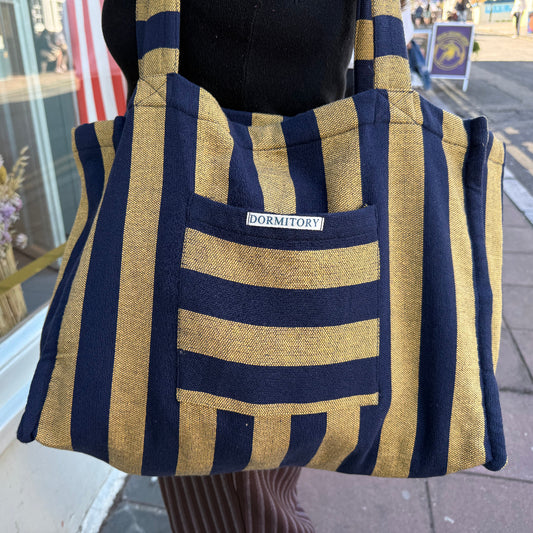 navy and yellow striped beach tote