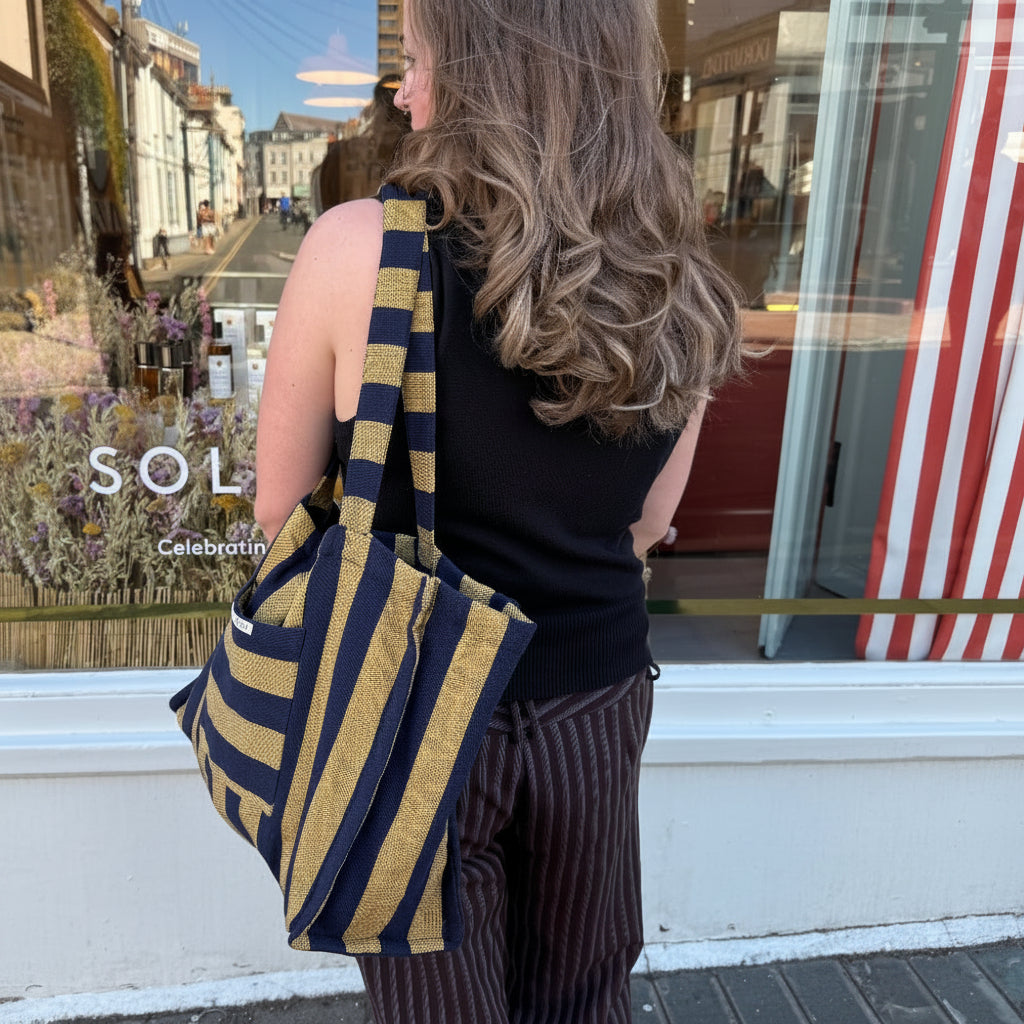 Navy and Yellow striped tote bag