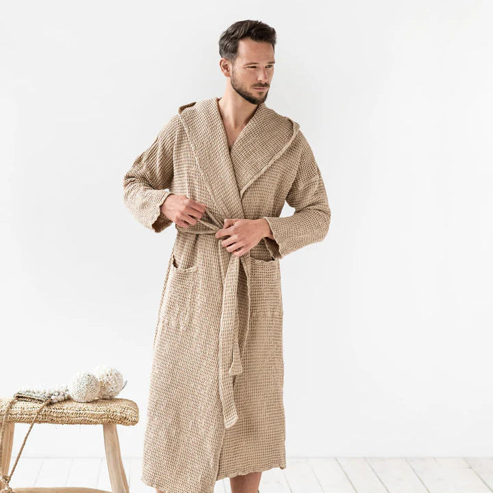 Beige Linen Waffle Hooded Robe
