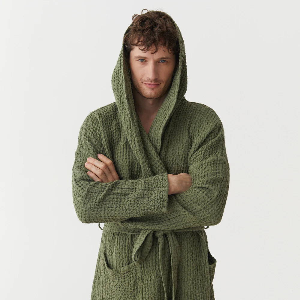 Mens live linen waffle robe