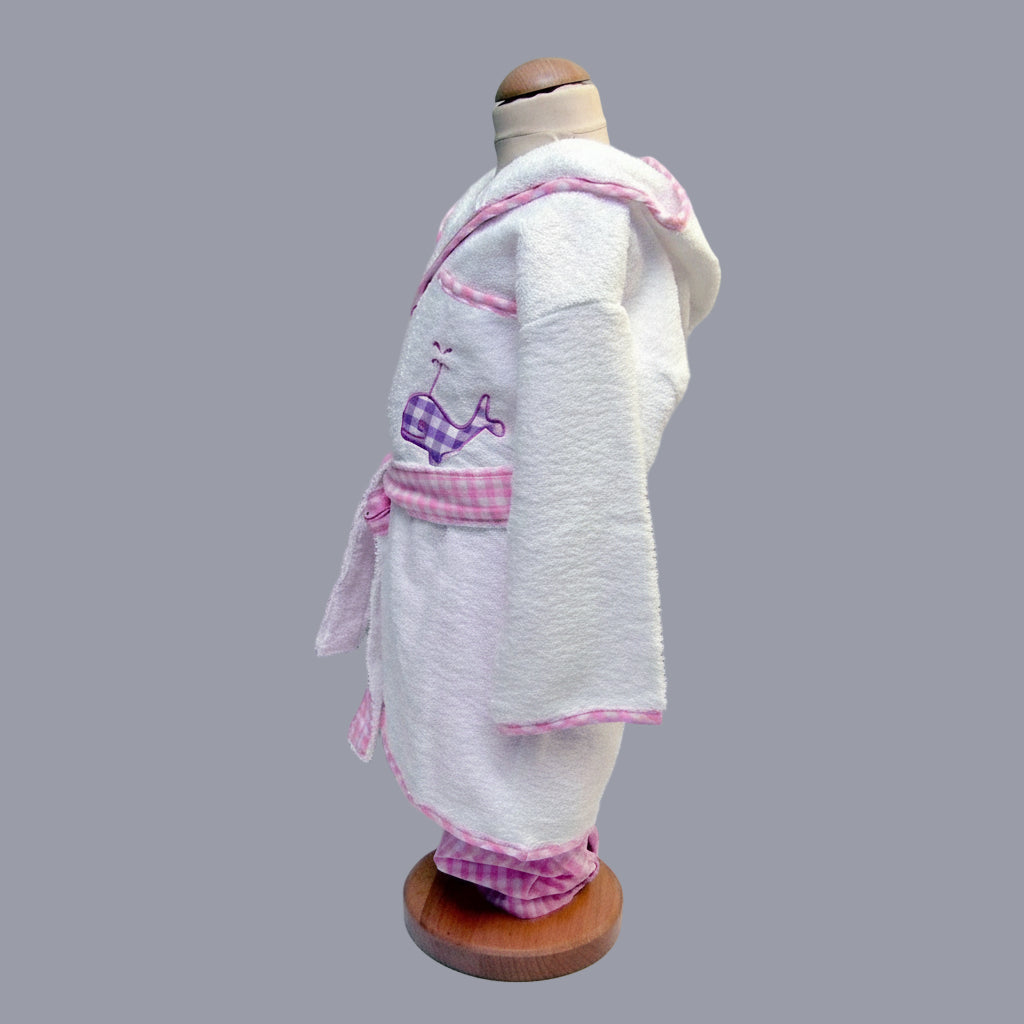 pink trimmed white hooded towelling obe with applique whale motif