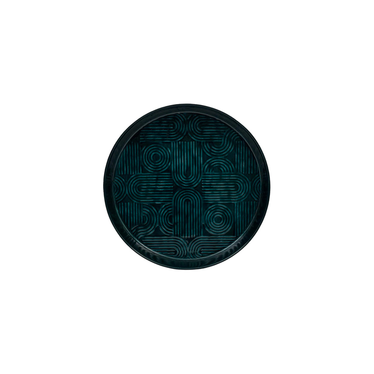 Emerald enamelled tray with geometric patterns in the base of the tray.