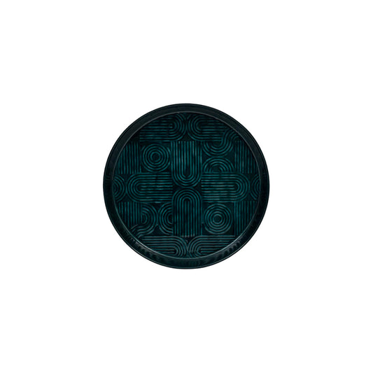 Emerald enamelled tray with geometric patterns in the base of the tray.
