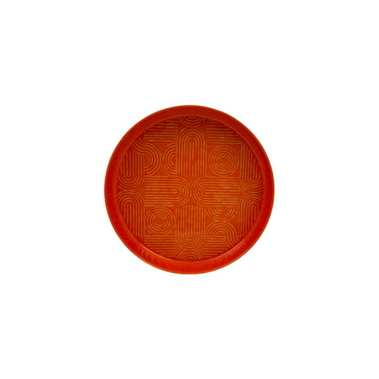 Enamelled orange tray with lighter orange swirl patterns on the base of the tray.