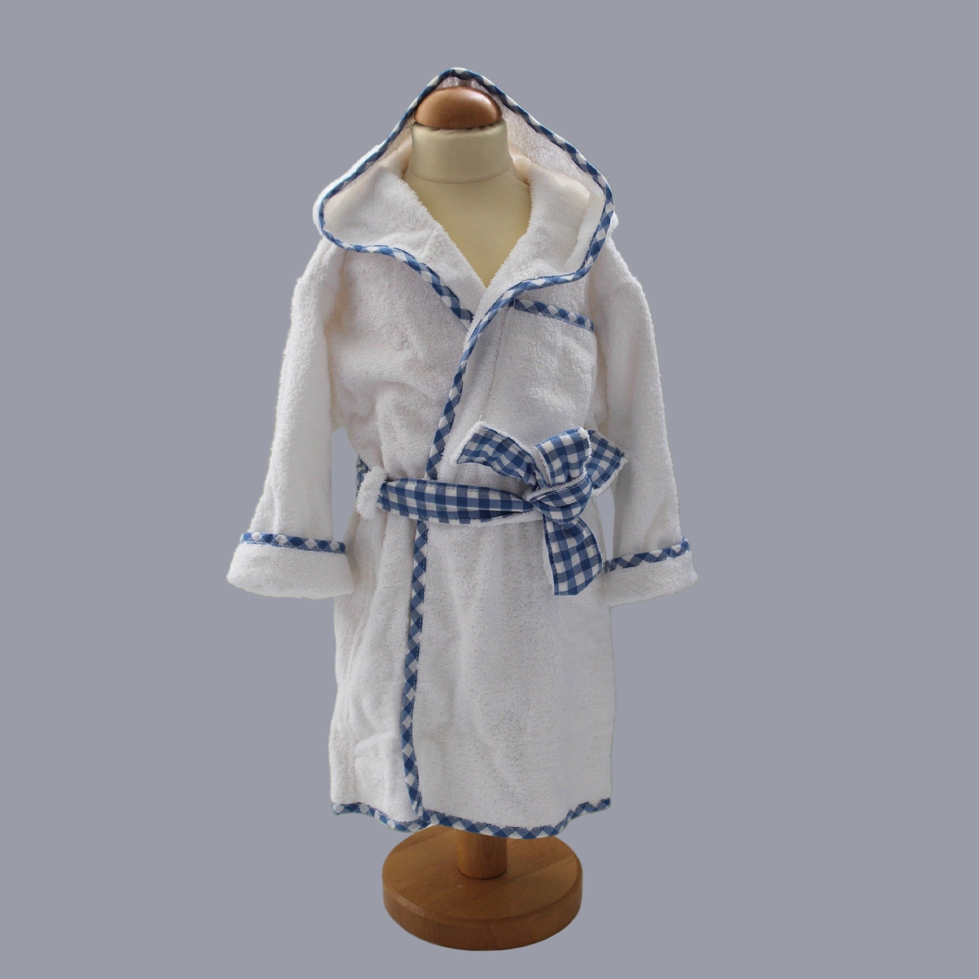 white hooded childs robe with blue gingham biais trim