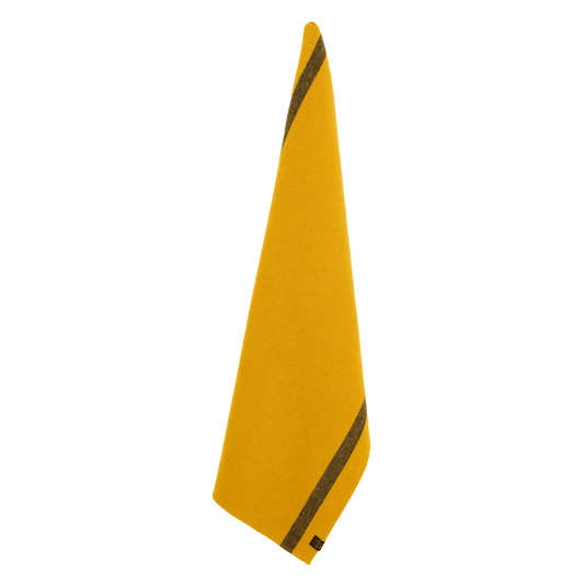 Ochre linen and cotton tea towel with a singular black stripe down each side.