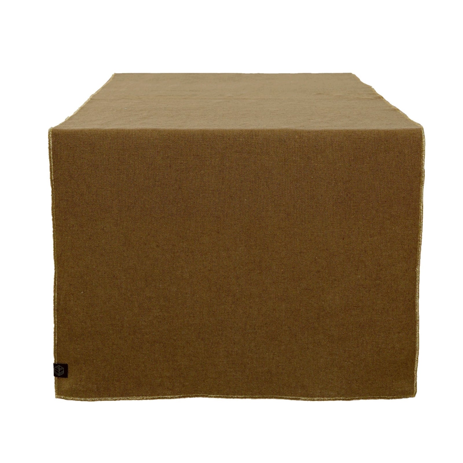 Dark gold linen table runner finished with a shiny gold edging.