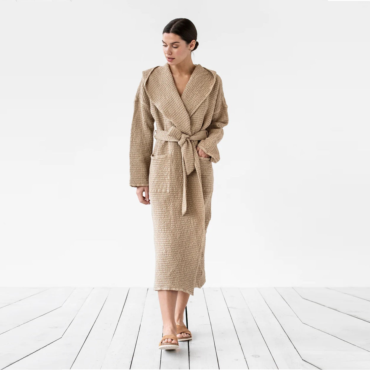 Beige Linen Waffle Hooded Robe