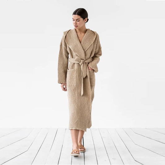 Beige Linen Waffle Hooded Robe