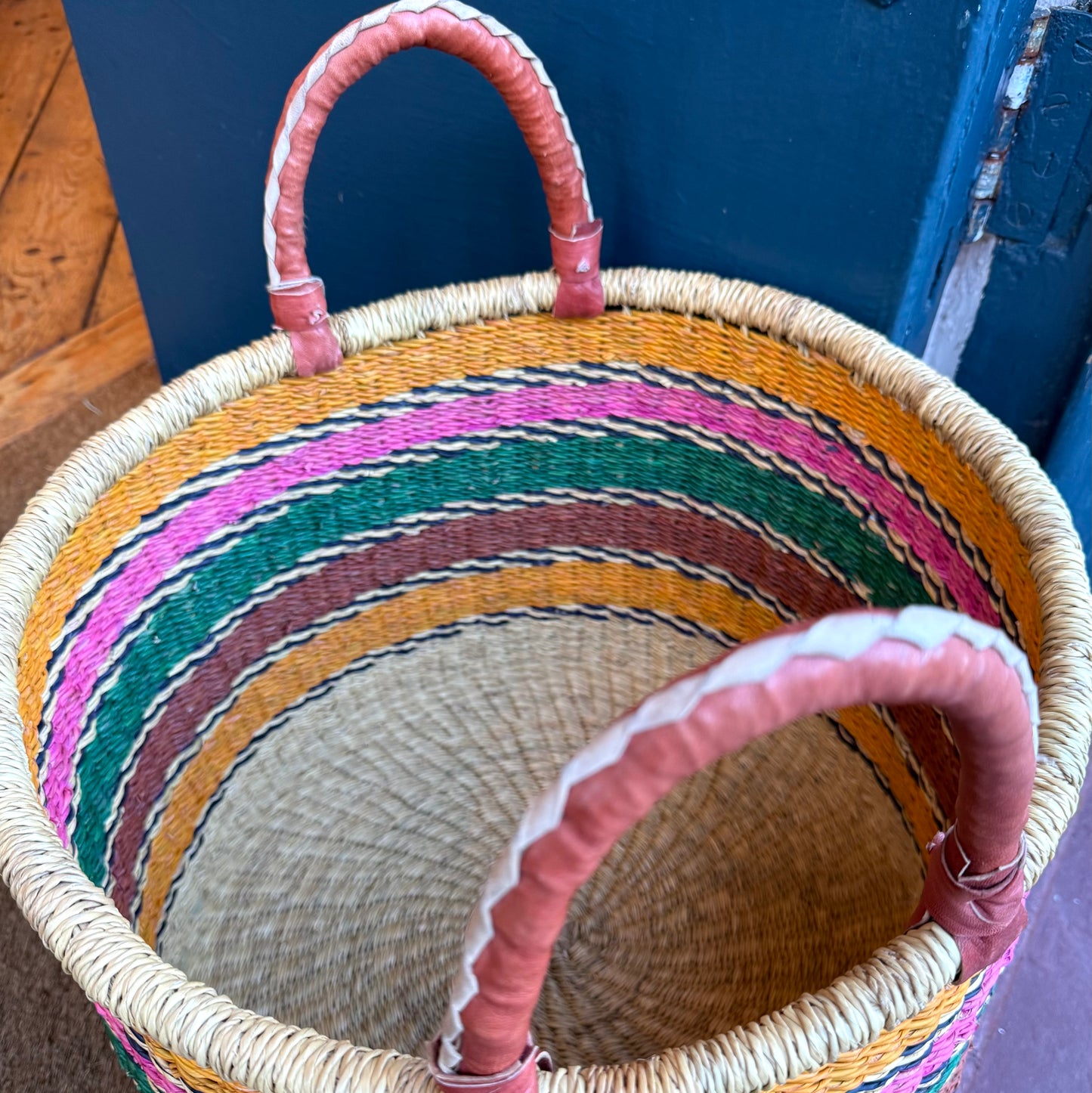 Ghanain Basket with leather handles.