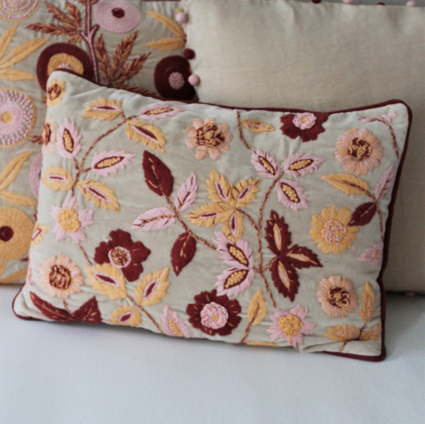 Carey Hand Embroidered Rectangular Velvet Cushion