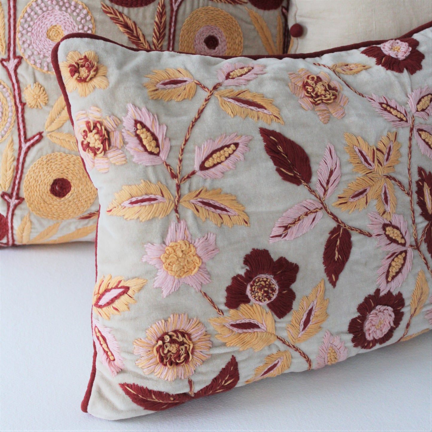 Carey Hand Embroidered Rectangular Velvet Cushion Detail