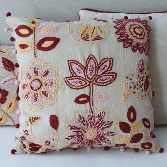 Carey Hand Embroidered Square Linen Cushion