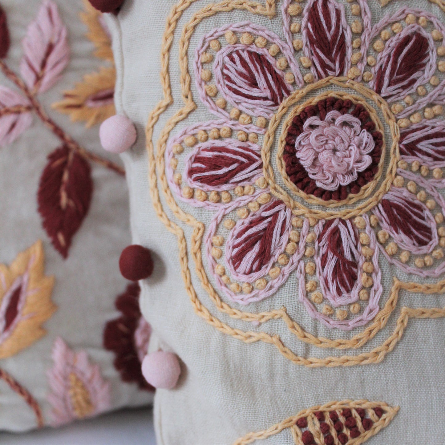 Carey Hand Embroidered Square Linen Cushion Detail