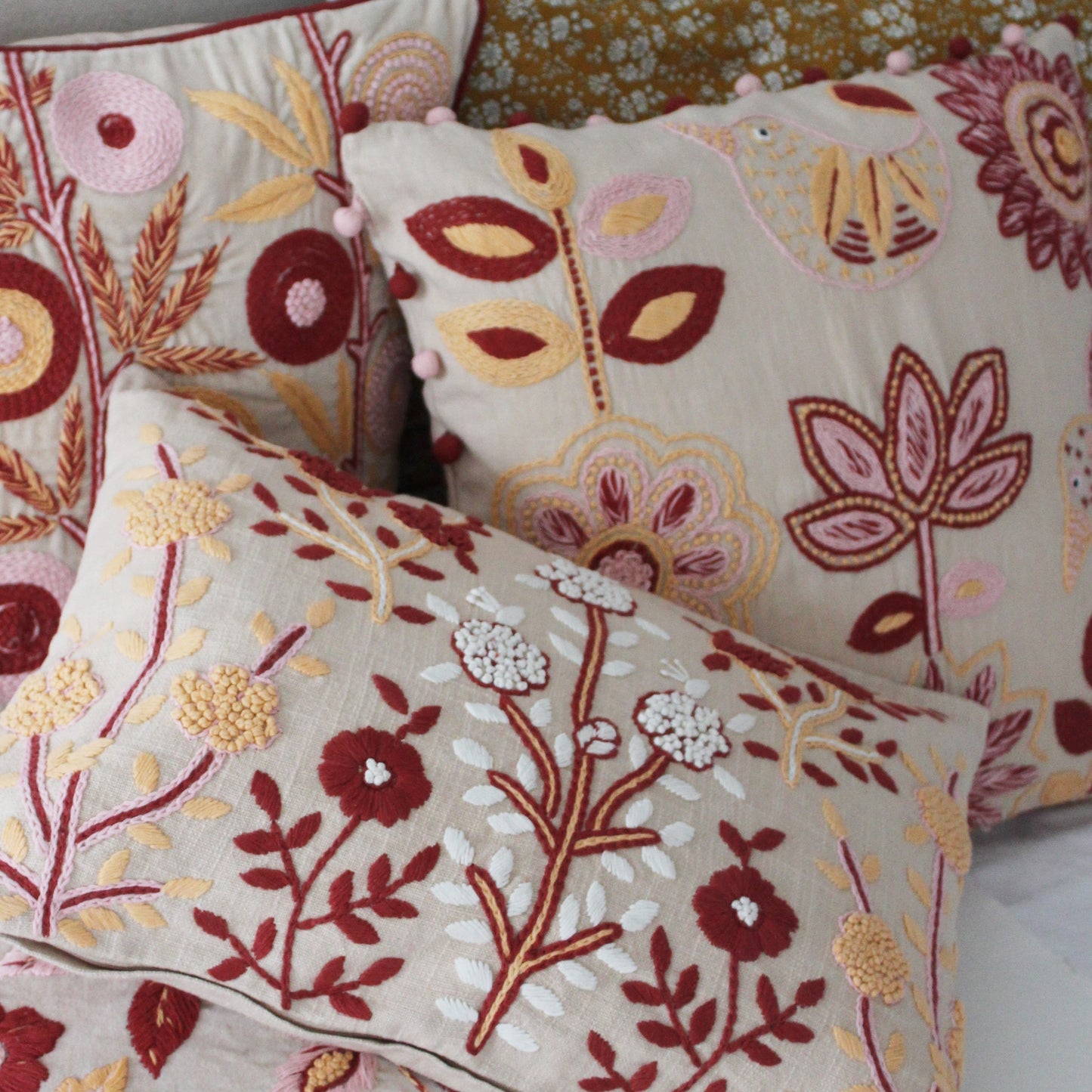 Carey Hand Embroidered Square Linen Cushion Range