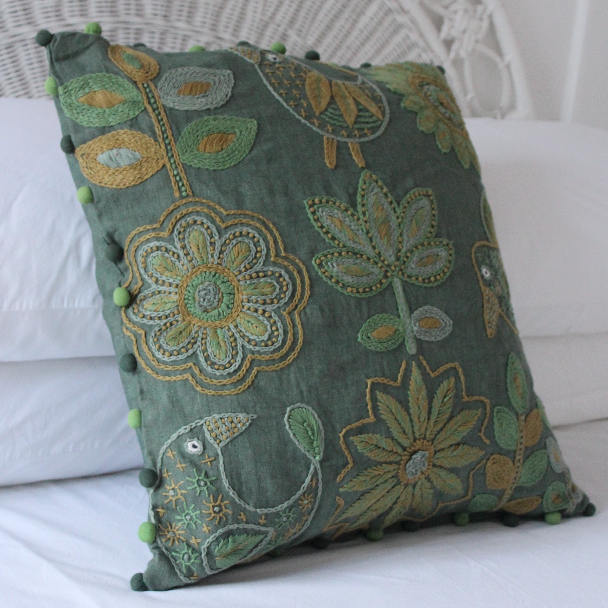 Eden Hand Embroidered Square Linen Cushion