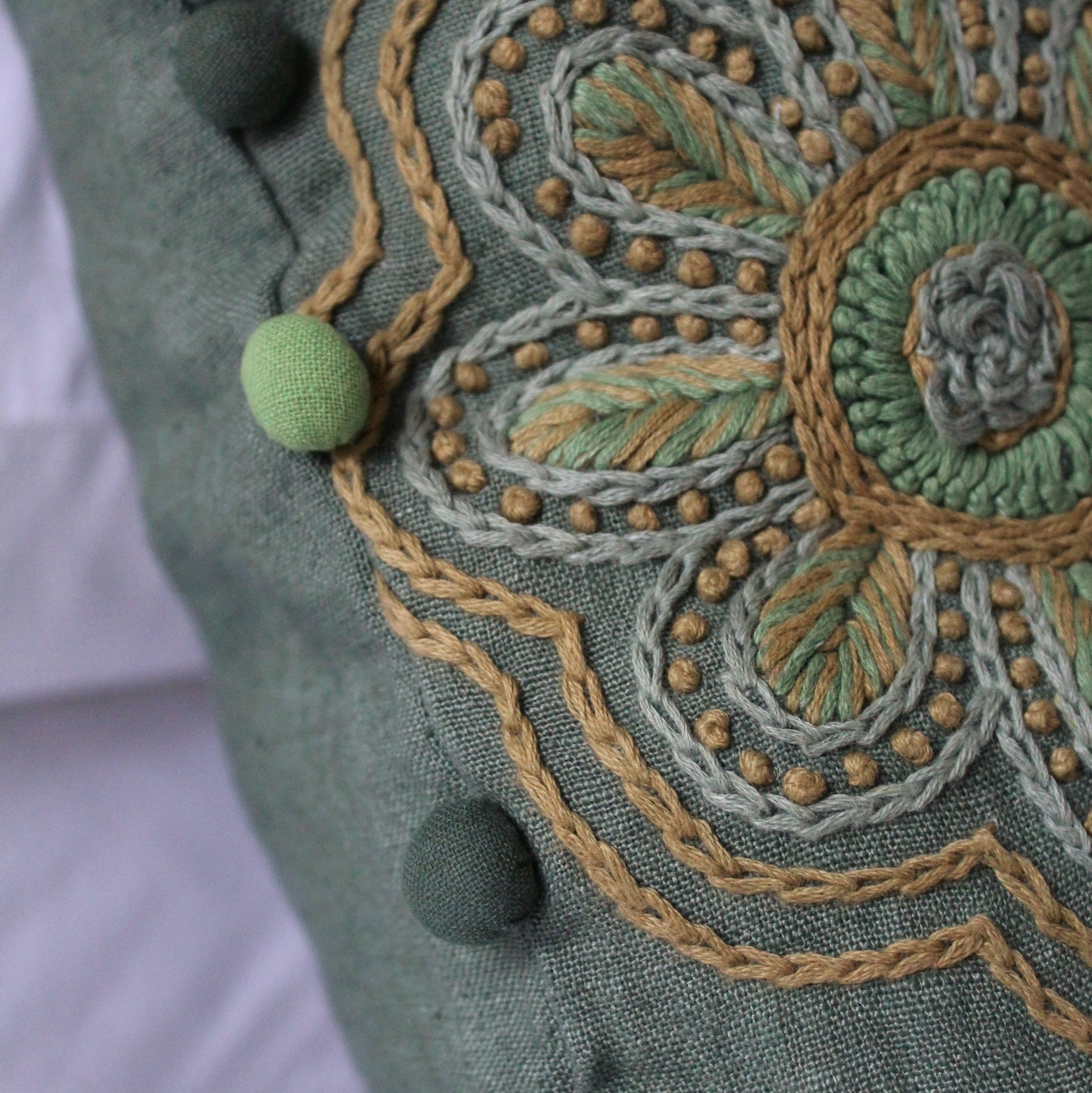 Eden Hand Embroidered Square Linen Cushion Detail