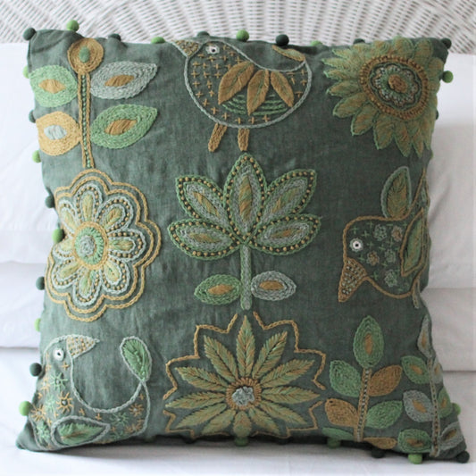 Eden Hand Embroidered Square Linen Cushion Front