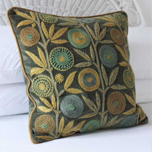 Eden Hand Embroidered Square Velvet Cushion
