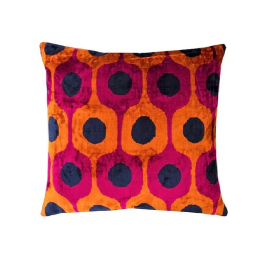 Large Square Silk Velvet Ikat Cushion - Pink/Orange